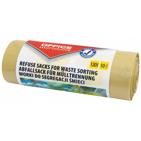 Worki na śmieci domowe OFFICE PRODUCTS, do segregacji plastiku, mocne (LDPE), 120l, 10szt., żółte
