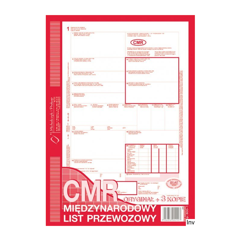 Międzynarodowy list przewozowy CMR A4, 80 kartek numerowanych (1+3) DOTTS