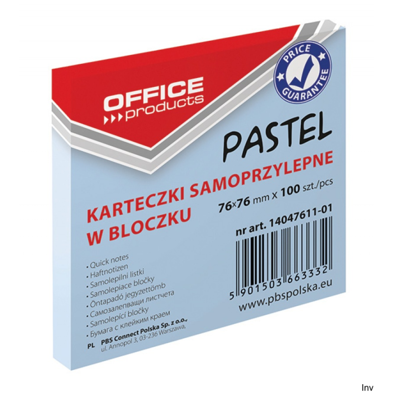 Bloczek samoprzylepny Office Products 76x76mm 100 sztuk pastelowy niebieski 70gsm