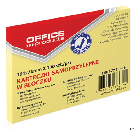 Bloczek samoprzylepny Office Product 101x76mm 1x100 kart. jasnożółty 70gsm