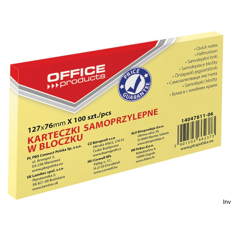 Bloczek samoprzylepny Office Product 127x76mm 1x100 kart. jasnożółty 70gsm