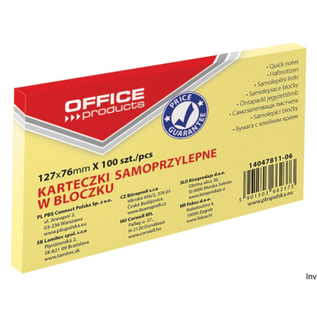 Bloczek samoprzylepny Office Product 127x76mm 1x100 kart. jasnożółty 70gsm