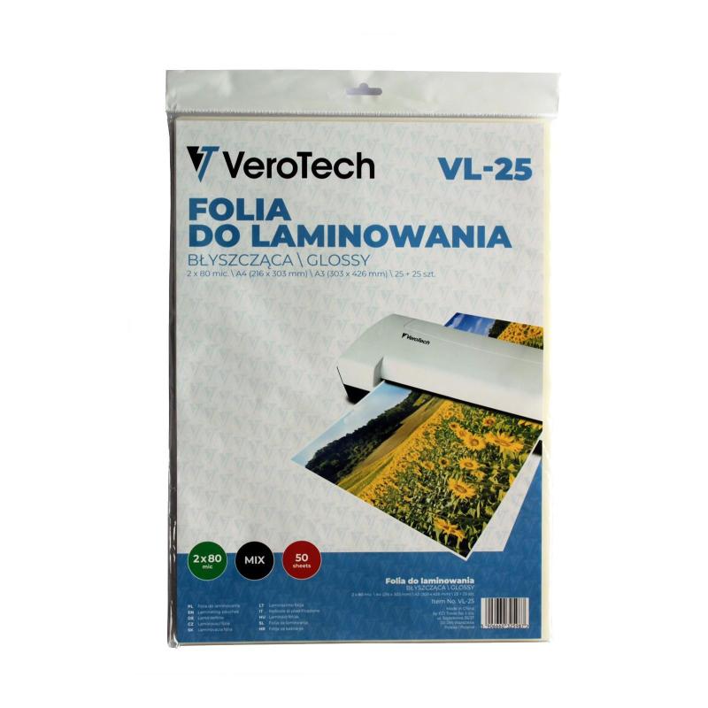 Verotech Zestaw folii laminacyjnych A4 i A3 80 mic, 50 arkuszy, antystatyczne, przezroczyste