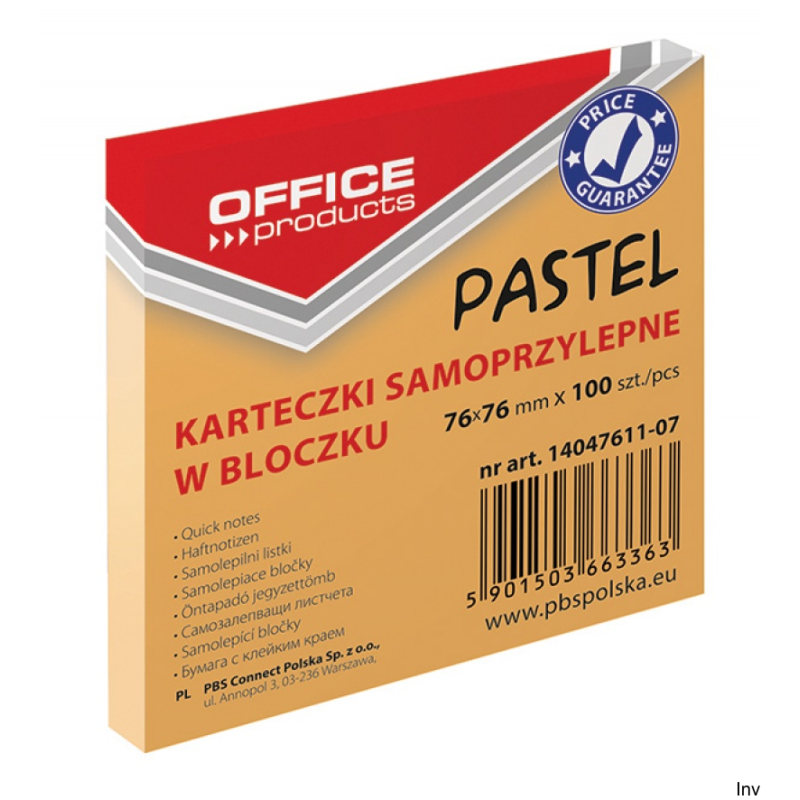 Bloczek samoprzylepny Office Products 76x76mm 100 sztuk kolor pomarańczowy 70gsm