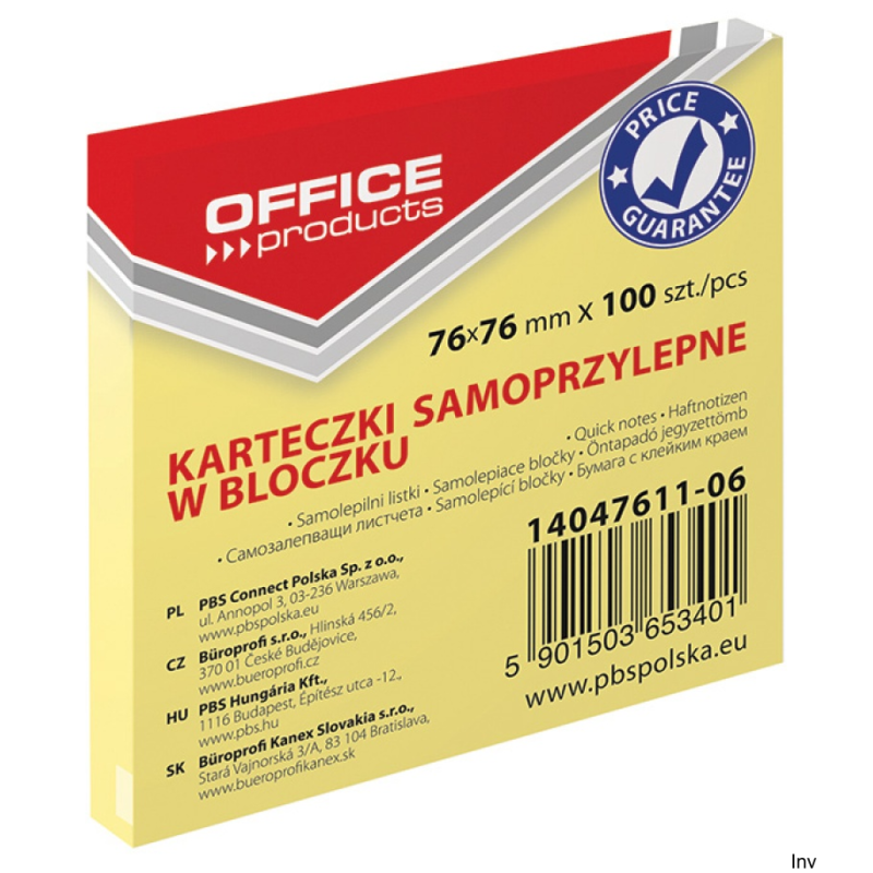 Bloczek samoprzylepny Office Products 76x76mm 100 sztuk jasnożółty 70gsm