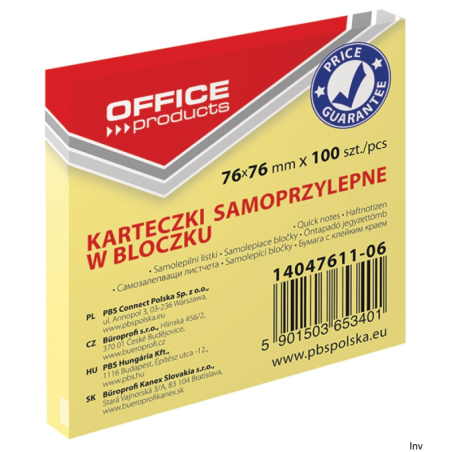 Bloczek samoprzylepny Office Products 76x76mm 100 sztuk jasnożółty 70gsm