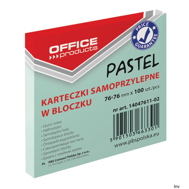 Bloczek samoprzylepny Office Products 76x76mm 100 sztuk zielony 70gsm
