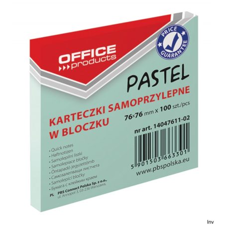 Bloczek samoprzylepny Office Products 76x76mm 100 sztuk zielony 70gsm