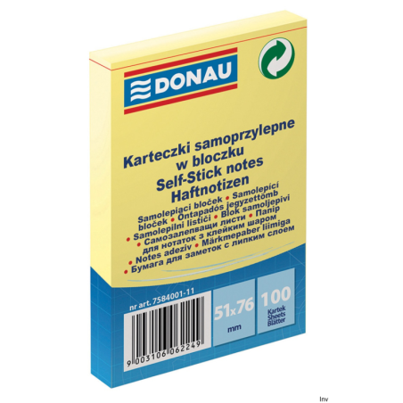 Karteczki samoprzylepne 51x76 mm żółte 100 sztuk Donau