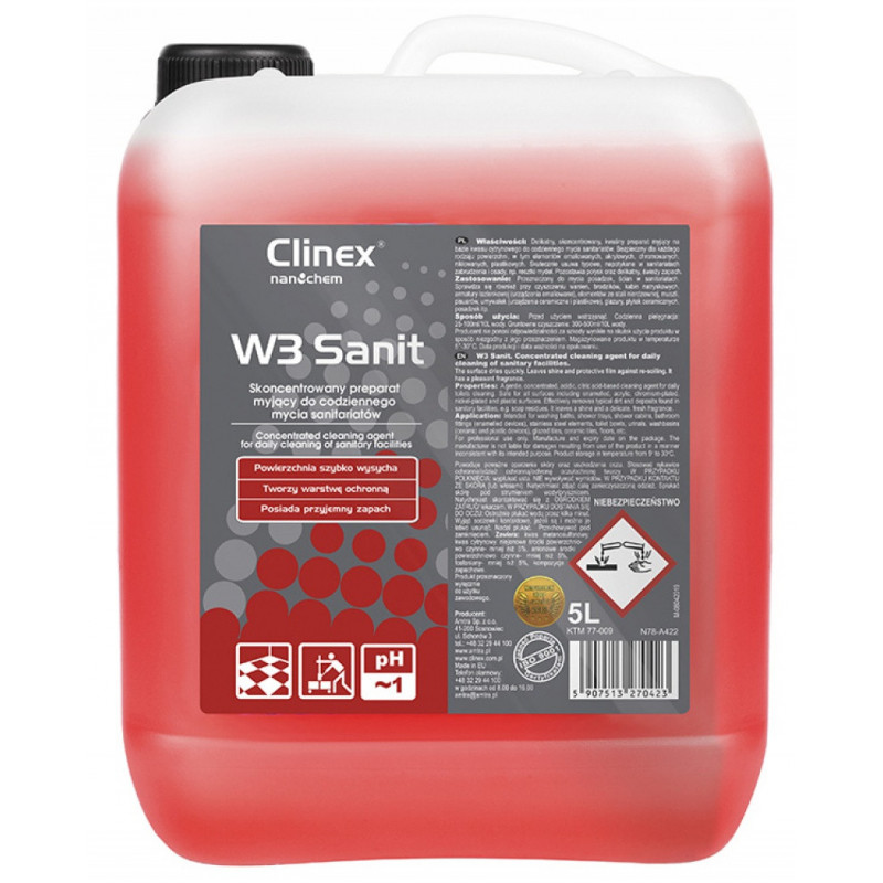 Preparat CLINEX W3 Sanit, do mycia sanitariatów i łazienek, skoncentrowany, 5l