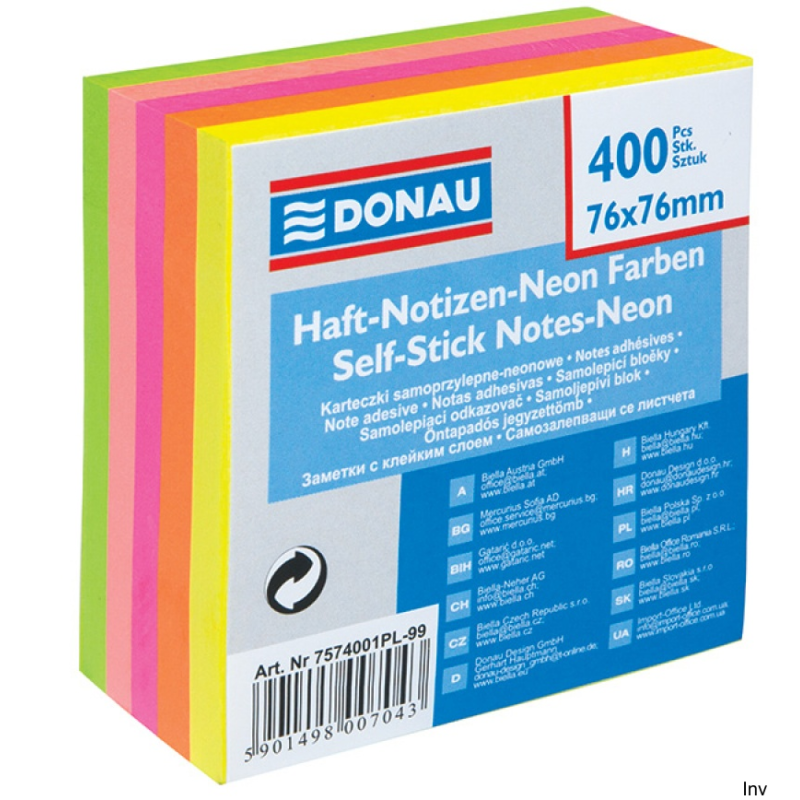 Donau Bloczek samoprzylepny 76x76 mm neonowy 400 sztuk 75 gsm
