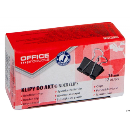 Klipy do dokumentów Office Products 15mm, 12 sztuk, czarne, metalowe, odporne na odkształcenia