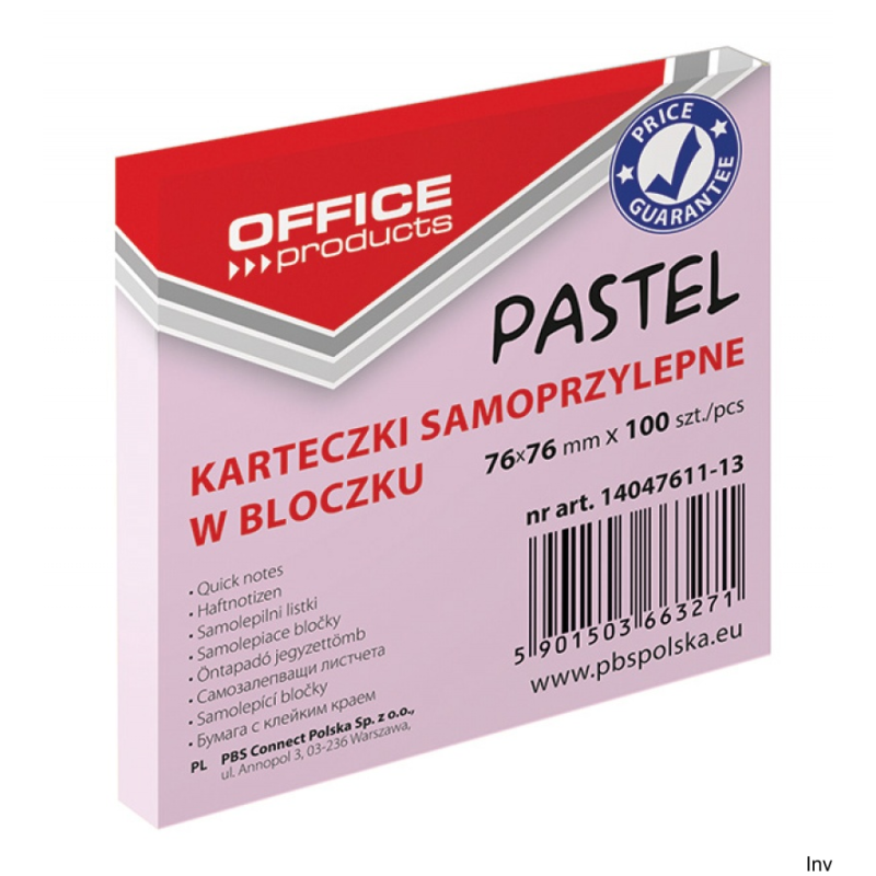 Bloczek samoprzylepny Office Products 76x76mm 100 sztuk pastelowy różowy 70gsm