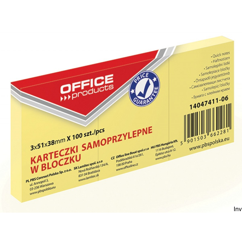 Bloczek samoprzylepny Office Product 38x51mm 1x100 kart. jasnożółty 70gsm
