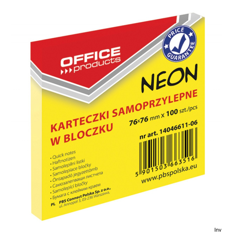 Bloczek samoprzylepny 76x76 mm neon żółty 100 kart OFFICE PRODUCTS