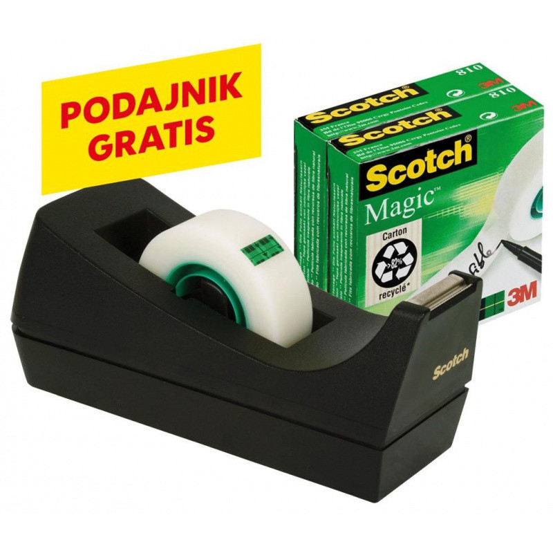 Taśma biurowa SCOTCH Magic (SM3-12), matowa, z dyspenserem, 19mm, 33m, 3szt., podajnik C-38 czarny GRATIS