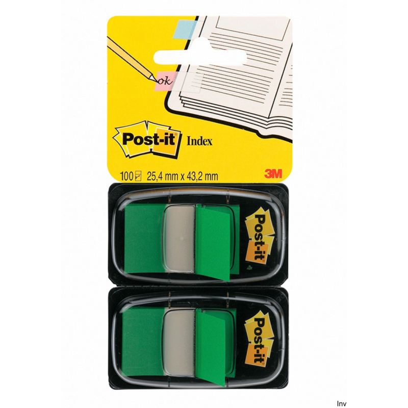 Zakładki indeksujące Post-It 3M, zielone, 25,4x43,2 mm, 2x50 sztuk, z folii PP, przezroczyste