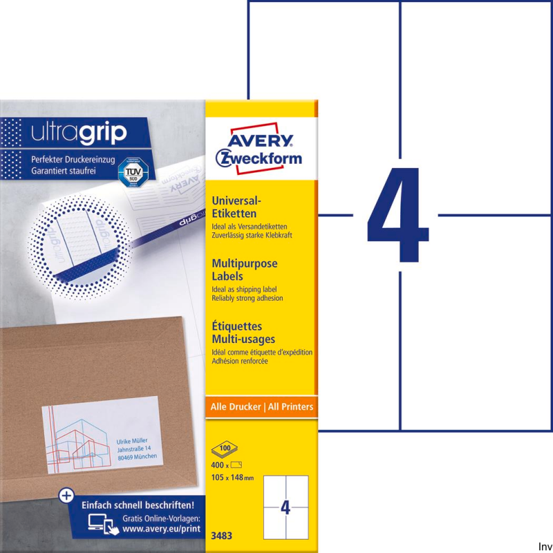 Etykiety uniwersalne Avery Zweckform 105 x 148 mm, białe, 100 arkuszy, do druku laserowego i atramentowego