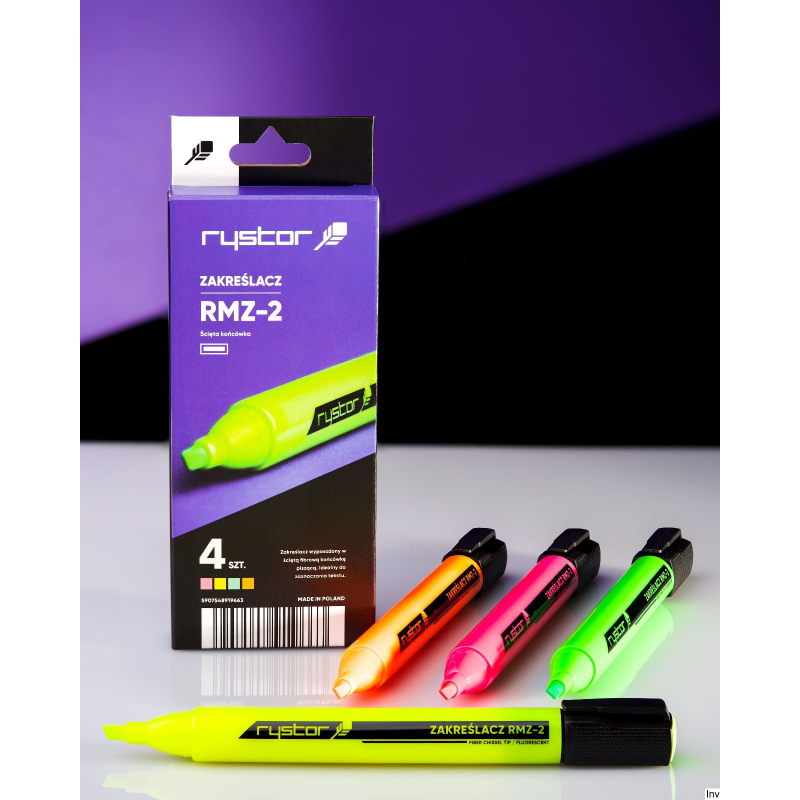 Zakreślacz Rystor RMZ-2 mix 4 sztuki z ściętą końcówką, fluorescencyjny tusz, szybkoschnący, nietoksyczny