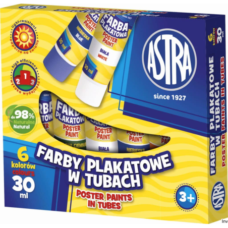 Farby plakatowe Astra 6 kolorów, tuba 30 ml