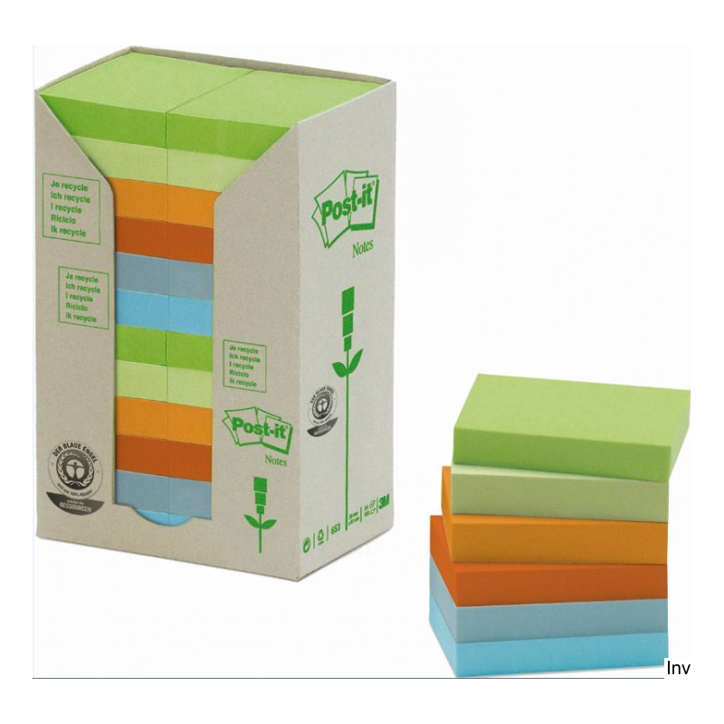 Bloczki ekologiczne Post-it 3M 653-1RPT pastelowe 38x51 mm, 24 sztuki po 100 kartek