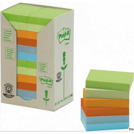 Bloczki ekologiczne Post-it 3M 653-1RPT pastelowe 38x51 mm, 24 sztuki po 100 kartek