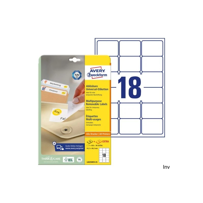 Etykiety uniwersalne Avery Zweckform L6025REV-25 63,5x46,6 mm 450 sztuk usuwalne A4