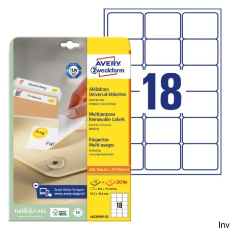 Etykiety uniwersalne Avery Zweckform L6025REV-25 63,5x46,6 mm 450 sztuk usuwalne A4