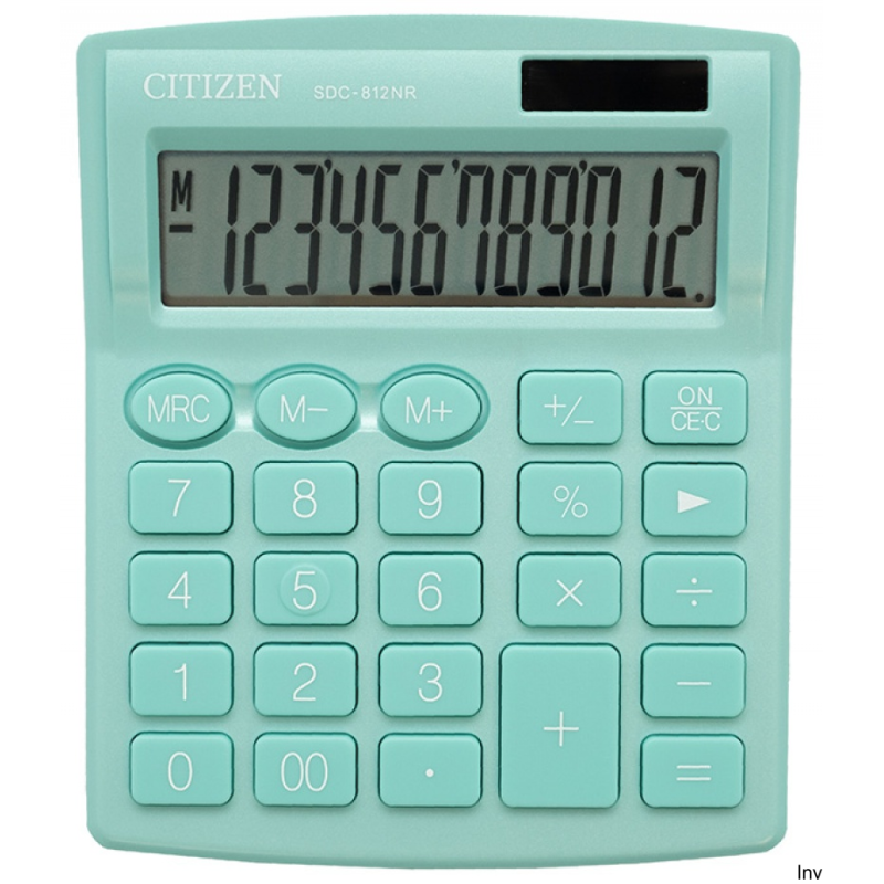 Kalkulator biurowy CITIZEN SDC-812NRGRE, 12-cyfrowy, zielony, 127x105mm, zasilanie słoneczne i bateryjne