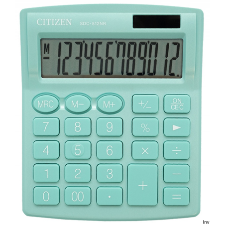Kalkulator biurowy CITIZEN SDC-812NRGRE, 12-cyfrowy, zielony, 127x105mm, zasilanie słoneczne i bateryjne