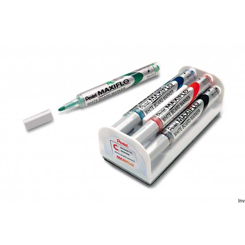 Pentel Marker MAXIFLO do tablic 4 sztuki z gąbką magnetyczną, czarny, czerwony, niebieski, zielony