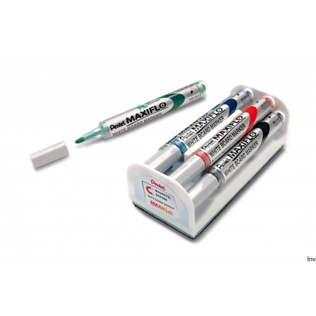 Pentel Marker MAXIFLO do tablic 4 sztuki z gąbką magnetyczną, czarny, czerwony, niebieski, zielony