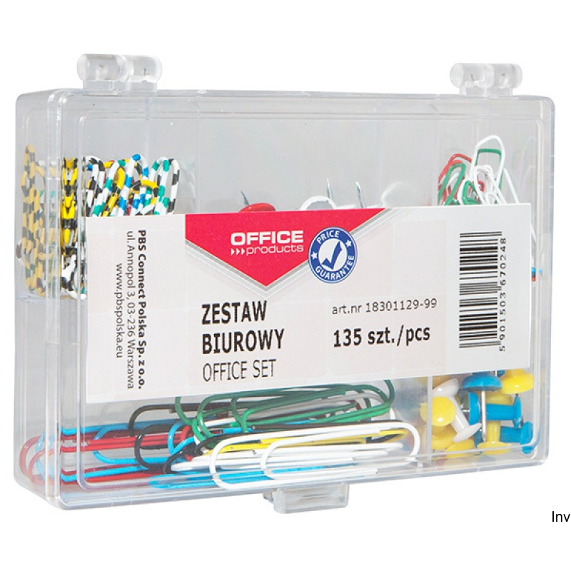 Zestaw biurowy Office Products 135 sztuk: pinezki tablicowe i spinacze w organizerze