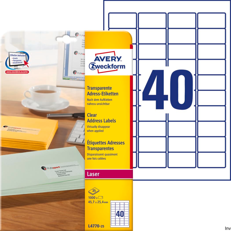 Etykiety adresowe przezroczyste 45,7 x 25,4 mm A4 25 arkuszy 1000 sztuk Avery Zweckform