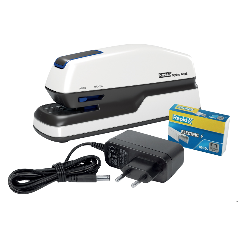 Rapid Zszywacz elektryczny Optima Grip 2102349 srebrno-czarny do 20 kartek, zasilany baterią lub zasilaczem