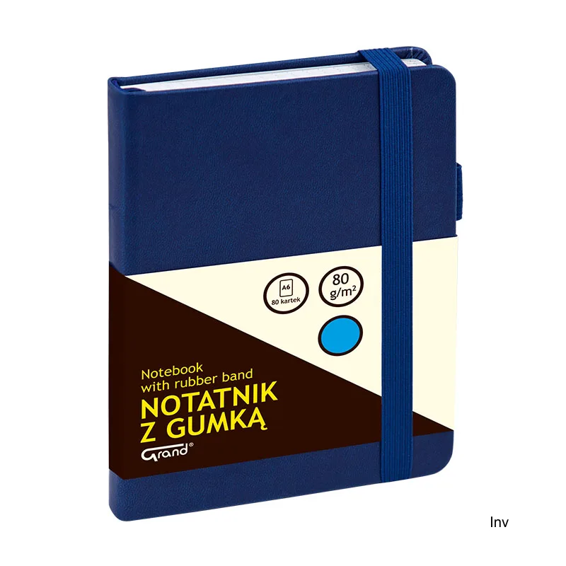Notatnik A6 granatowy w kratkę z gumką, 80 kartek, twarda oprawa, Grand