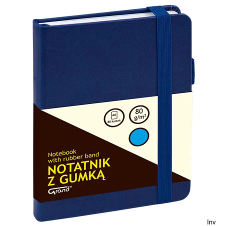 Notatnik A6 granatowy w kratkę z gumką, 80 kartek, twarda oprawa, Grand