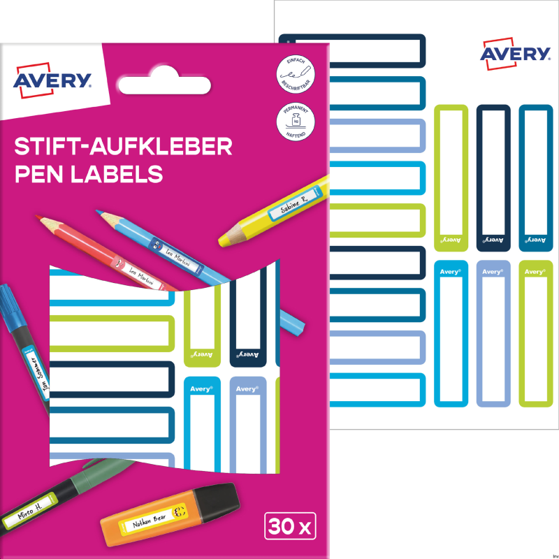 Naklejki na przybory do pisania 50 x 10 mm, 30 sztuk, zielone i niebieskie ramki, Avery Zweckform