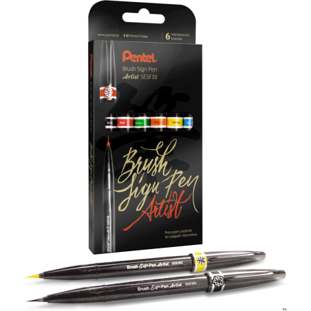 Pędzelki do kaligrafii i liternictwa Pentel 6 sztuk, ultra precyzyjne, grubość linii 0,5-5 mm