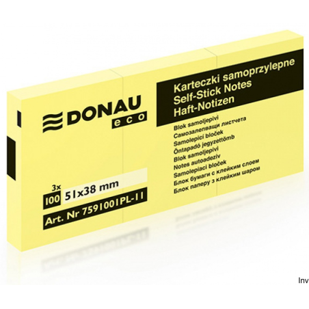 Bloczki samoprzylepne Donau 3 sztuki x 100 karteczek jasnożółtych 51x38 mm 70 gsm