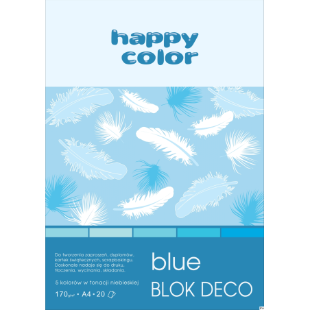 Blok Happy Color Deco A4, 170g, 20 arkuszy, 5 odcieni niebieskich
