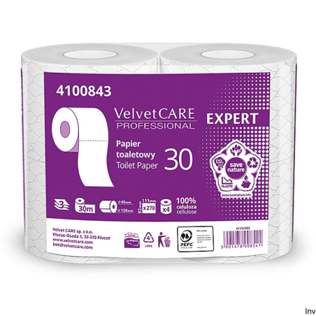 Papier toaletowy Velvet, 3 warstwy, biały, 30 m, 4 rolki po 270 listków