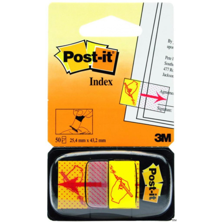 Zakładki indeksujące Post-It 3M z nadrukiem ręki i ołówka, żółto-czerwone, 25,4x43,2mm, 50 sztuk