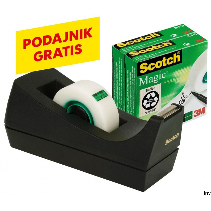 Taśma biurowa Scotch Magic 19mm x 33m, matowa, 3 sztuki z dyspenserem C-38 czarnym GRATIS