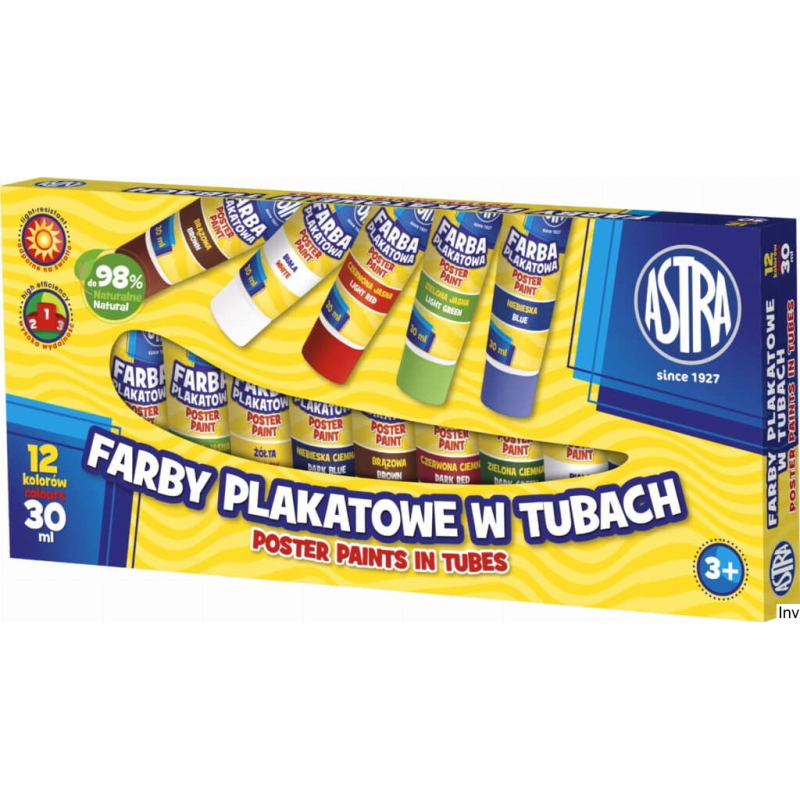 Farby plakatowe Astra 12 kolorów, tuba 30 ml