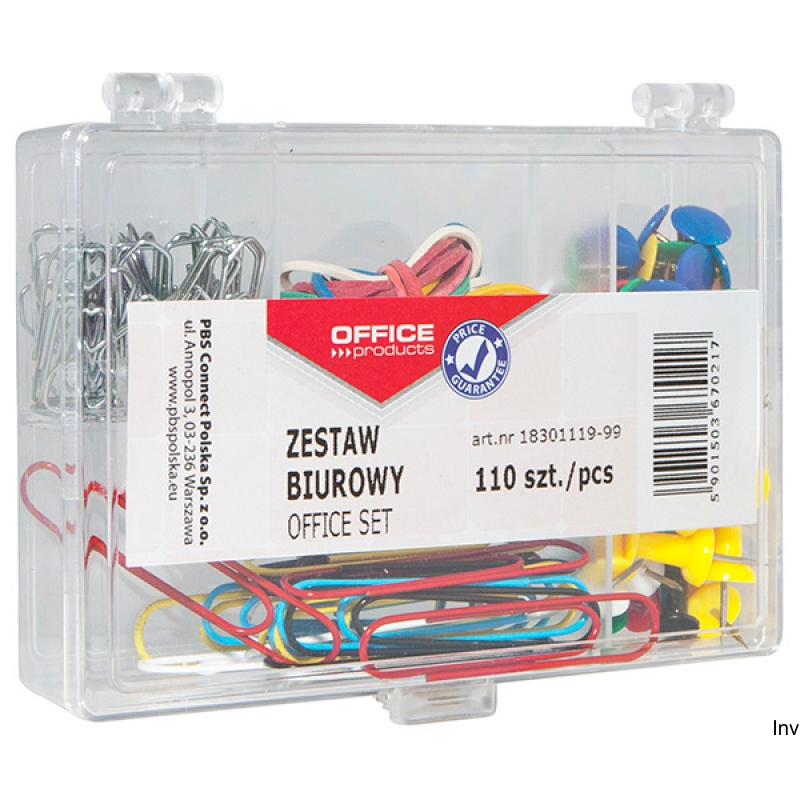 Zestaw biurowy Office Products 110 sztuk: pinezki, gumki, spinacze w organizerze