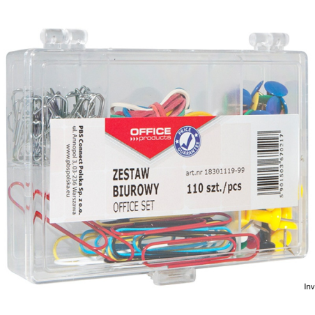 Zestaw biurowy Office Products 110 sztuk: pinezki, gumki, spinacze w organizerze