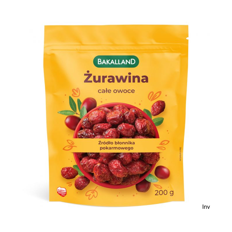 Żurawina 200g BAKALLAND - naturalna słodka przekąska do owsianki, jogurtu i deserów