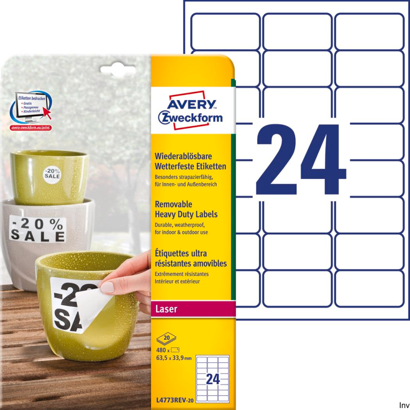 Etykiety Avery Zweckform Heavy Duty L4773REV-20 63,5x33,9 mm, poliestrowe, usuwalne, 20 arkuszy