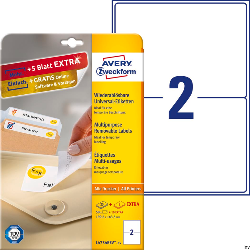 Etykiety uniwersalne Avery Zweckform L4734REV-25 199,6x143,5 mm, 25 arkuszy, usuwalne, białe